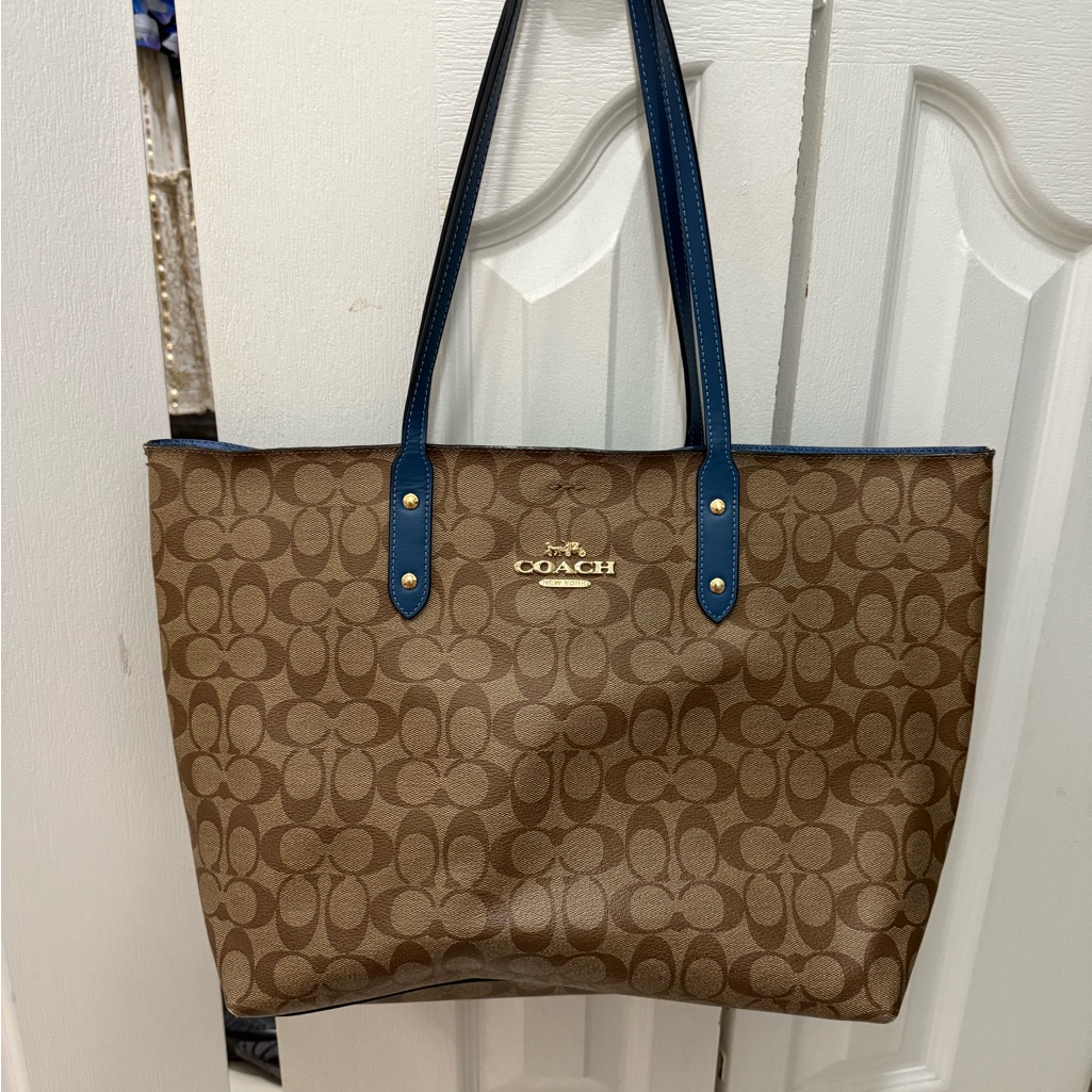 Coach Signature Brown Tote With Blue Handles